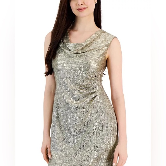 Connected Apparel Womens Petites Metallic Cowl Neck Evening Dress Gold - Picture 4 of 10